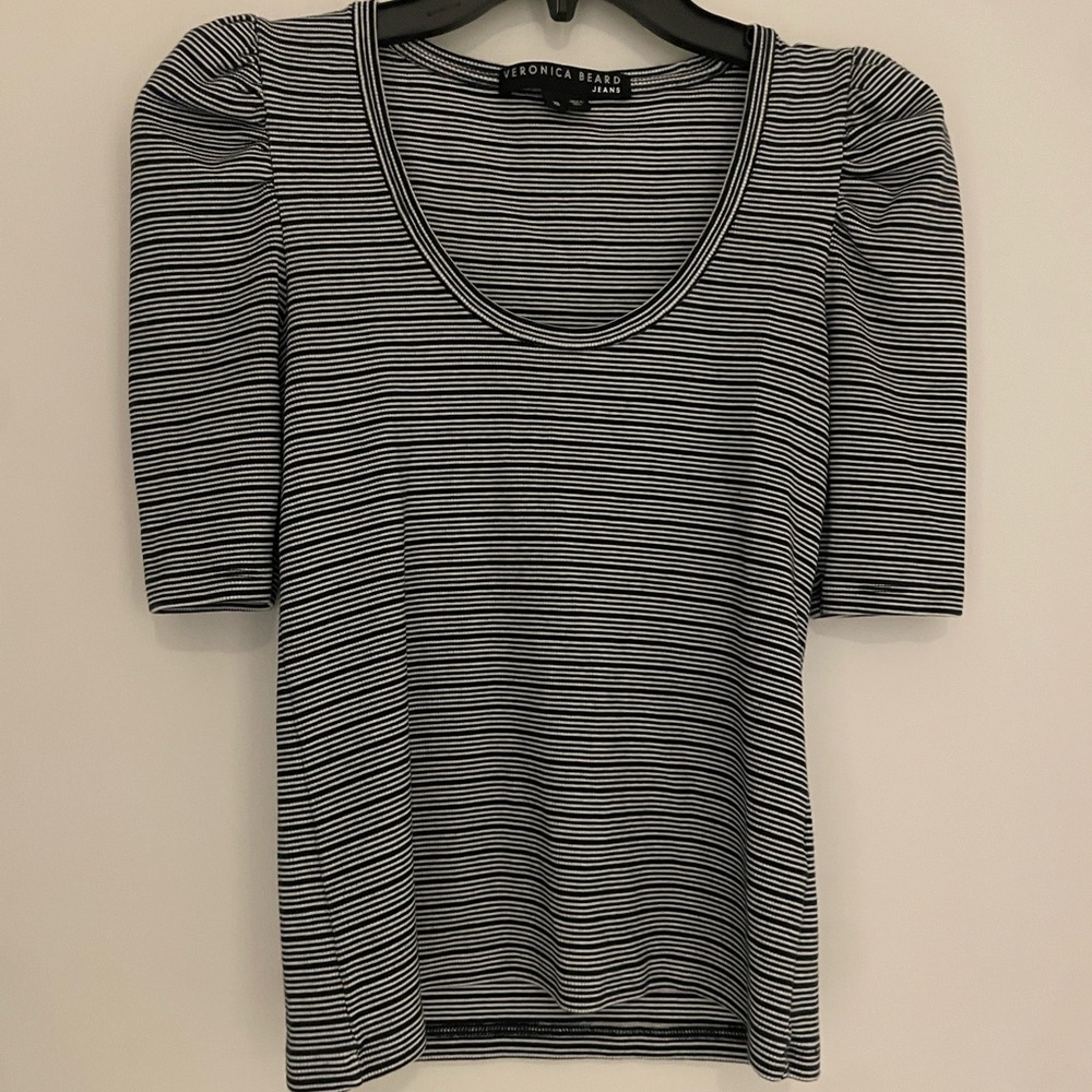 Veronica Beard Black Starling Stripped Puff-Sleeve Top